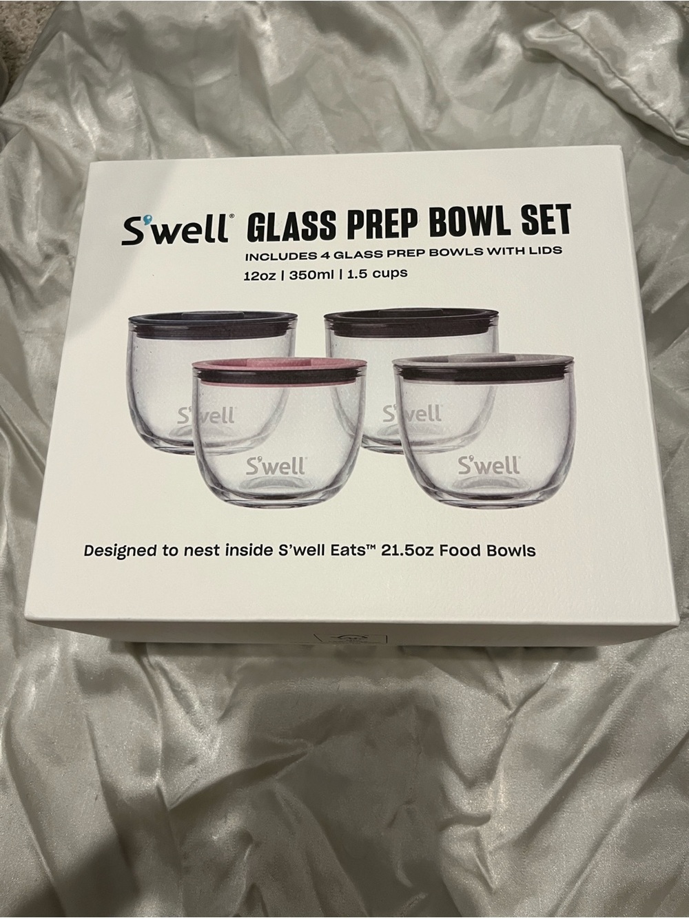 NWT S'well Glass Prep Bowl Set - 4 Clear Bowls with Black Grey & Pink Lids 12 oz